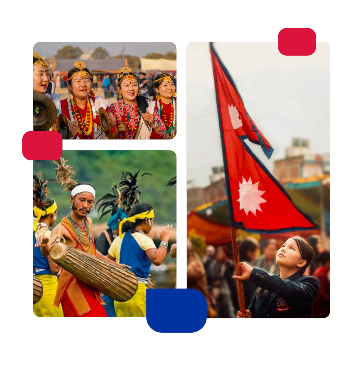 People in nepal with the nepal flag