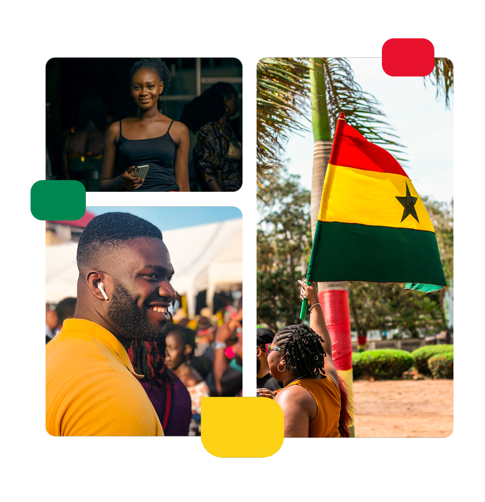 People in Ghana with the Ghana flag