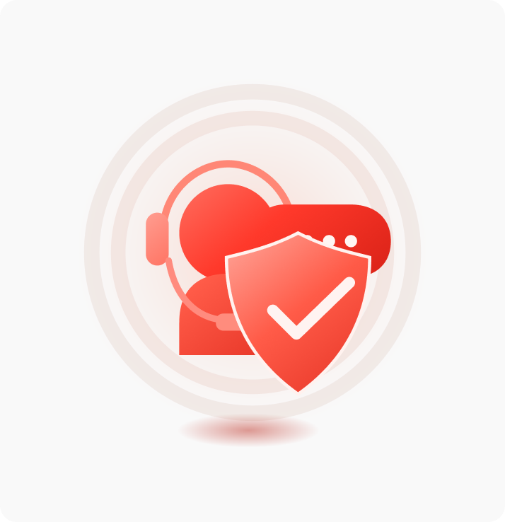 A support agent icon with a red shield and tick, representing protected customer support