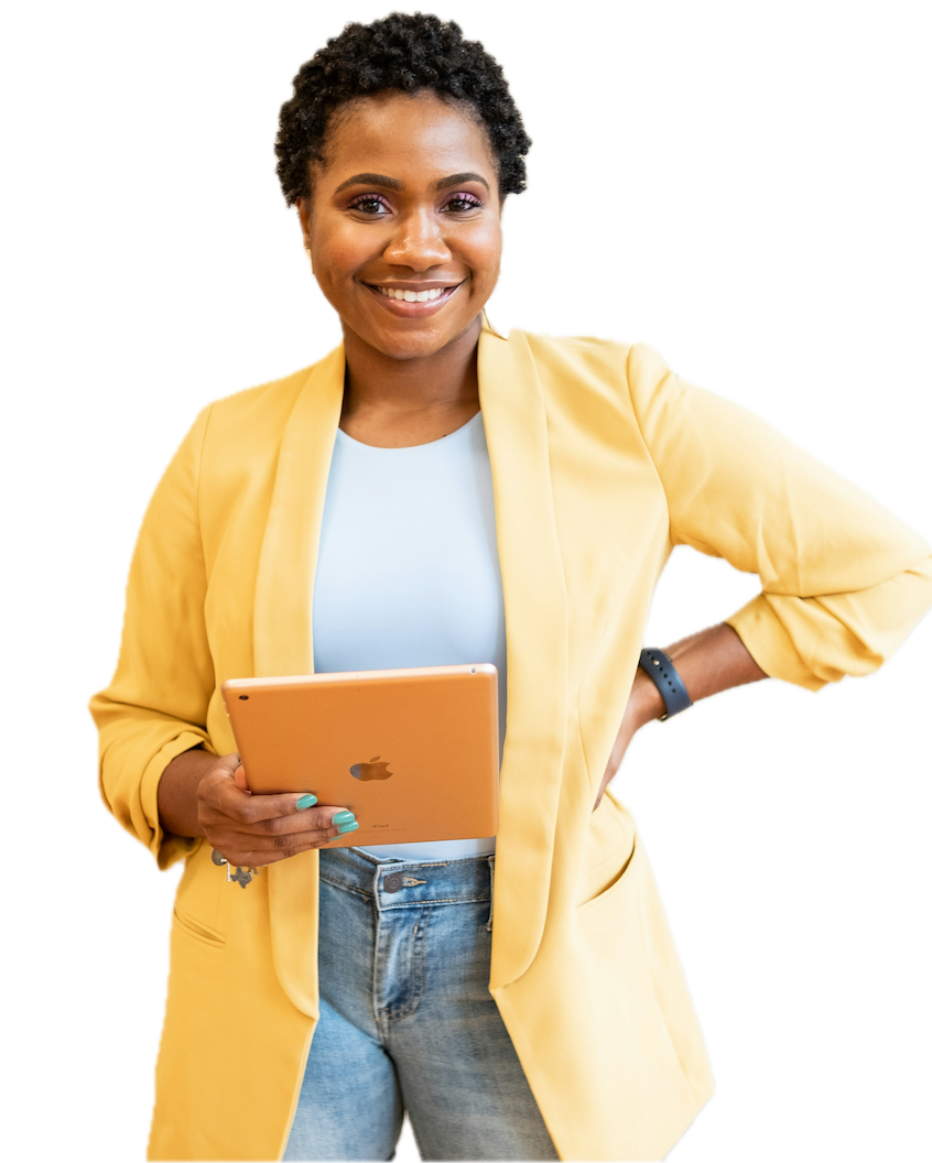 Smiling customer holding a tablet